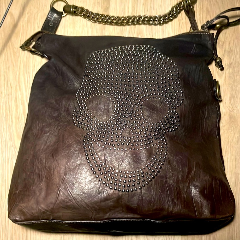Thomas Wylde Dark Chocolate Leather Bag with Stoned Decorative Skull Head